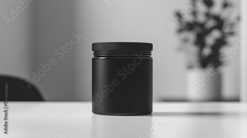 Unbranded black nutrition jar with blank label displayed in a sleek, minimal setting for modern supplement design mockups