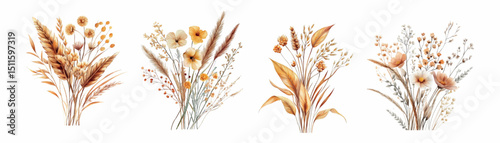 Watercolor set of autumn bouquets. Golden flowers and branches and spikelets with foxglove collected in an elegant bouquet. Autumn and October concept. Vector illustration.