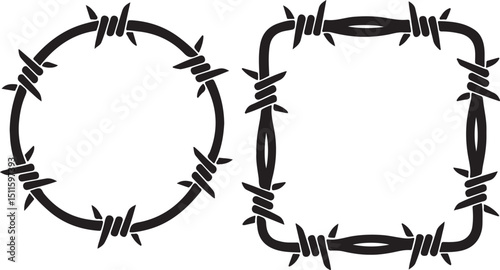 barbed wire rounded & square shape set silhouette fence elements vector illustration.