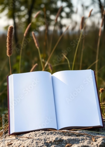 Blank book cover in nature. book mockup. 