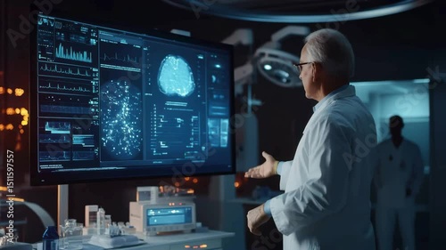 In an operating room full of modern medical equipment, a senior surgeon briefs his team with the support of a large virtual screen.