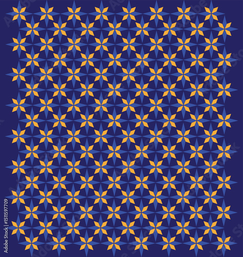 A mesmerizing geometric pattern featuring interlocking golden floral motifs on a deep blue background, creating an intricate, harmonious lattice that evokes traditional ornamental textile art.