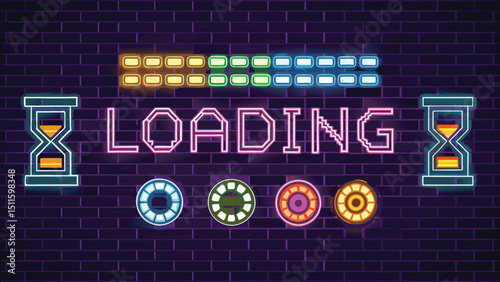 Adobe Illustrator Artwork pixel-style loading animations and progress elements on neon grid background.