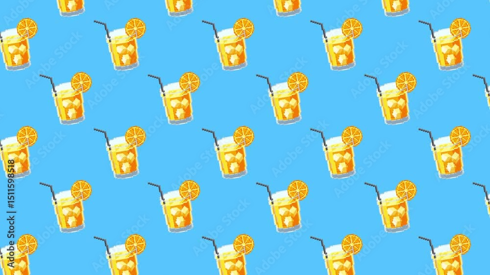 Animated pixel pattern with a bright orange cocktail and straw on blue background. Looping summer drink in retro 8-bit style with citrus tones and simple pixel texture. Animated pixel pattern with a bright orange cocktail and straw on blue background. Looping summer drink in retro 8-bit style with citrus tones and simple pixel texture.