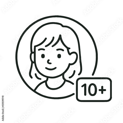 Icon of smiling preteen girl with medium hair and 10 plus age label, representing child or tween demographic