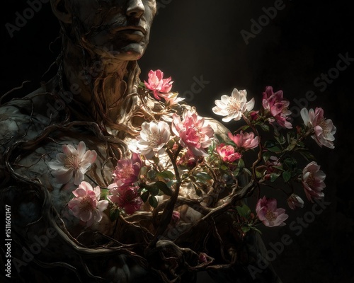 A surreal human form with blooming flowers and roots replacing veins, symbolizing states of mind, lungs, and deep sustainability.






