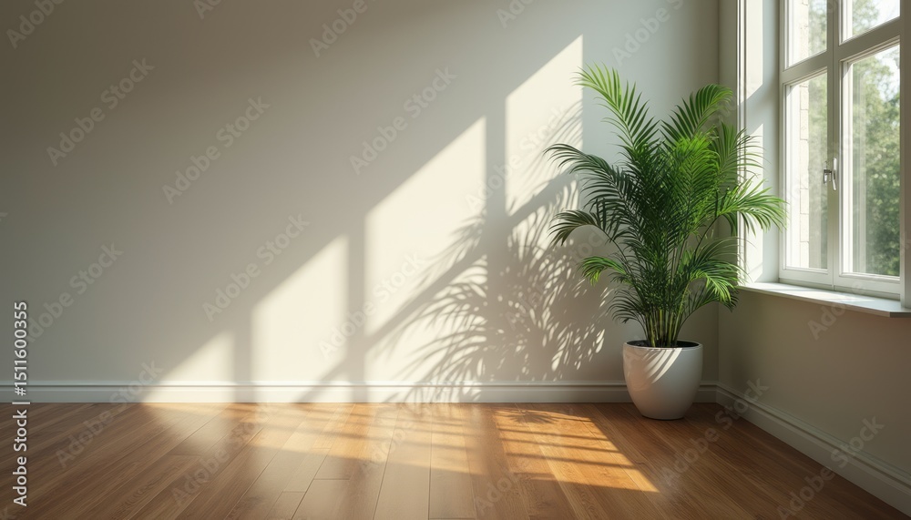 Fototapeta premium Sunlit room with a lush green plant casting shadows