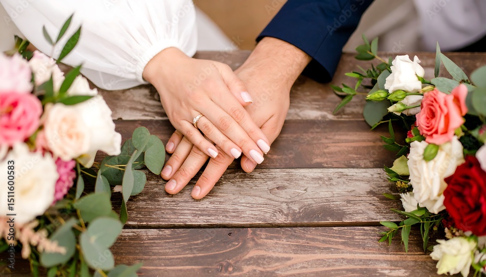 Two hands of man and women interlocked on a wooden surface with a wedding ring visible Floral bouquets frame the sides Two hands of man and women interlocked on a wooden surface with a wedding ring visible Floral bouquets frame the sides