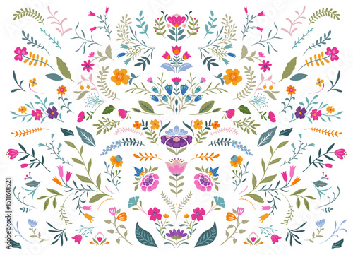 Vector collection of colorful beautiful flowers, plants. Folk art floral set.