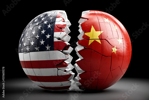Globe split in half into two halves - one with the US flag, the other with China