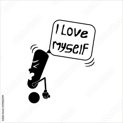 striking black and white cartoon character expressing self-love through a bold speech bubble. Graphic style ideal for stickers, t-shirts, and expressive merch.
