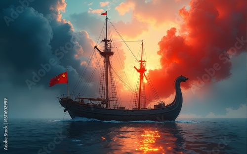 China US Trade War Crisis as Chinese and American retaliatory tariffs as a Financial risk and investment danger as stock market turbulence crisis and economic storm as an American paper boat. photo