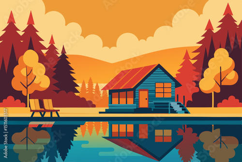 autumn landscape with house and trees