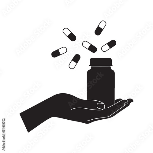 Hand holding pill bottle with capsules silhouette