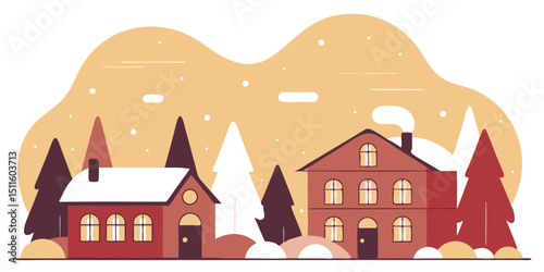 Winter Night Village Landscape – Snowy Panorama with Forest Background | Hand-Drawn Christmas Vector Illustration