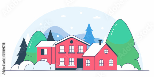 Winter Night Village Landscape – Snowy Panorama with Forest Background | Hand-Drawn Christmas Vector Illustration