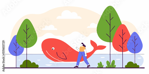 Whimsical Summer Vector – Girl Walking Along Embankment with Her Pink Whale Friend