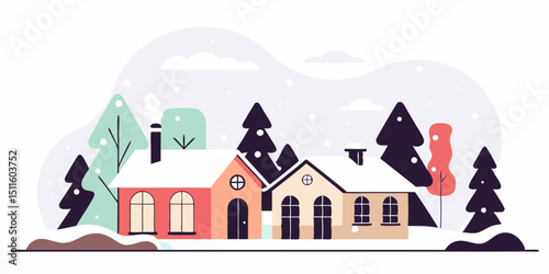 Winter Night Village Landscape – Snowy Panorama with Forest Background | Hand-Drawn Christmas Vector Illustration
