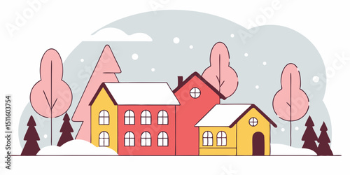 Winter Night Village Landscape – Snowy Panorama with Forest Background | Hand-Drawn Christmas Vector Illustration