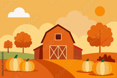 autumn landscape with pumpkins and barn