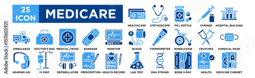 Medicare icon collection set. Healthcare Card, Stethoscope, Pill Bottle, Syringe, Hospital Building