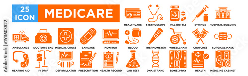Medicare icon collection set. Healthcare Card, Stethoscope, Pill Bottle, Syringe, Hospital Building