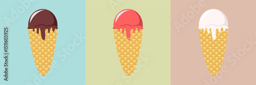 Set of ice cream cones with various flavors. Ice cream in chocolate, vanilla, and strawberry flavors. Vector illustration icons