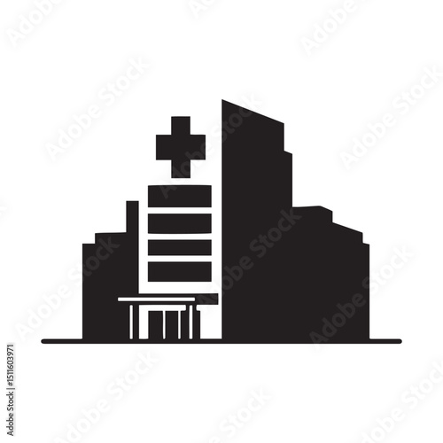 Modern hospital building silhouette with medical cross