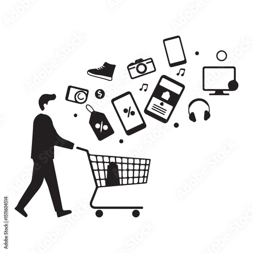 Shopping cart silhouette with price tags and product icons