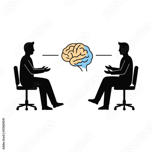 Mental health counseling icon therapist and client with brain symbol