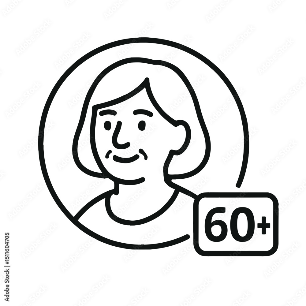 Fototapeta premium Icon of smiling senior woman with short hair and 60 plus age label, representing elderly demographic