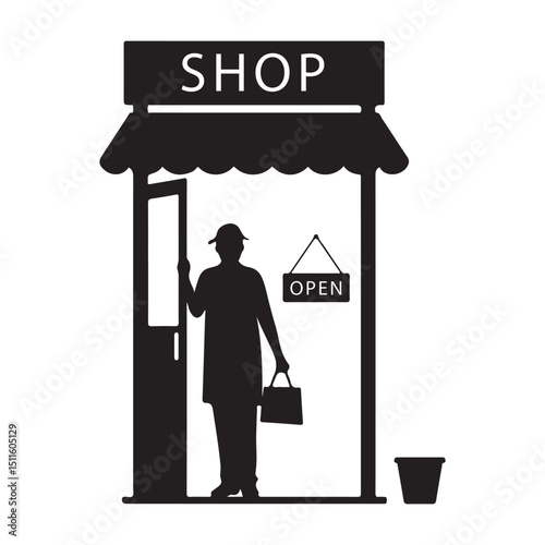 Boutique shop owner silhouette open sign design