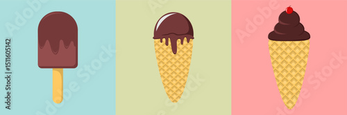 Set of ice cream cones with various flavors. Ice cream in chocolate, vanilla, and strawberry flavors. Vector illustration icons