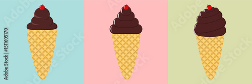 Set of ice cream cones with various flavors. Ice cream in chocolate, vanilla, and strawberry flavors. Vector illustration icons