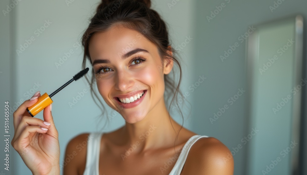Smiling woman applying mascara in a bright bathroom Smiling woman applying mascara in a bright bathroom