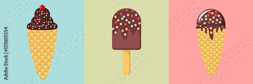Set of ice cream cones with various flavors. Ice cream in chocolate, vanilla, and strawberry flavors. Vector illustration icons
