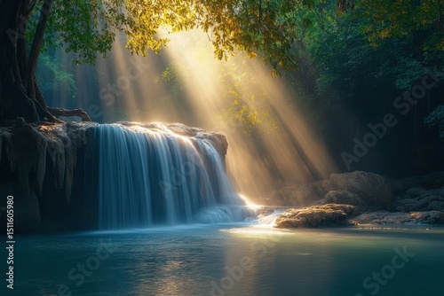 Sunlight illuminating the cascading waters of Erawan Waterfall in Kanchanaburi Thailand, Sunlight on waterfall cascade Erawan Kanchanaburi Thailand
