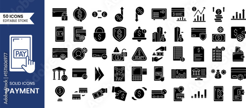 Payment icon set in solid style. Business and finance payment related to credit card, money exchange, transaction and more. Vector illustration
