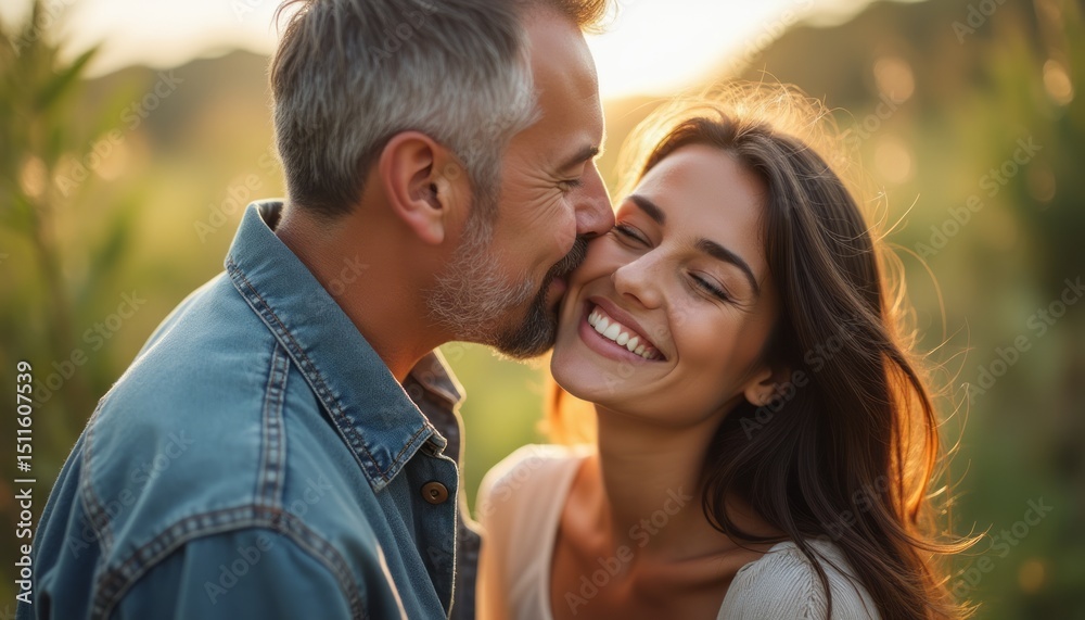 Fototapeta premium Joyful couple sharing a tender moment in a sunlit field