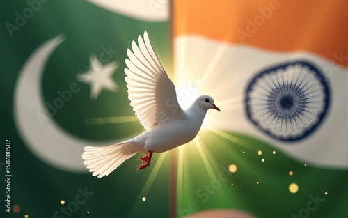 Pakistan And India Peace Negotiations concept to negotiate a peace agreement or cease fire to mediate mediation and arbitration between New Delhi and Islamabad to end the war as a white dove and olive photo