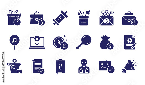Collection of business icons depicting finance communication technology and security silhouettes