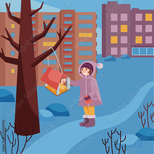 Girl leaves grains for the birds