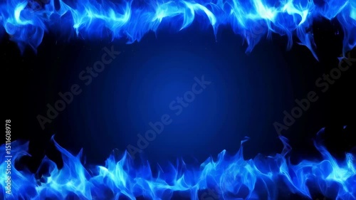 Animated blue fire burns along the upper and lower edges on a black background. Magical, bright flame graphic element design.