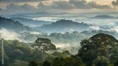 Misty sunrise over lush tropical rainforest landscape