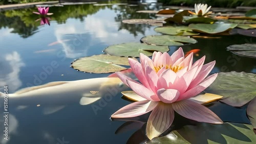 Pink water lily flower blooming in a pond