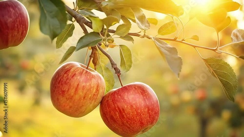 Two ripe red apples on a branch in orchard sunlight