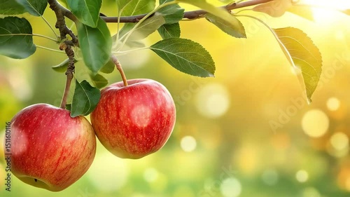 Two red apples on a branch in sunlight
