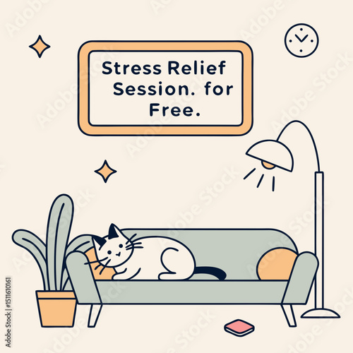 Cat lounging on sofa under "Stress Relief Session. for Free" sign in a cozy living room