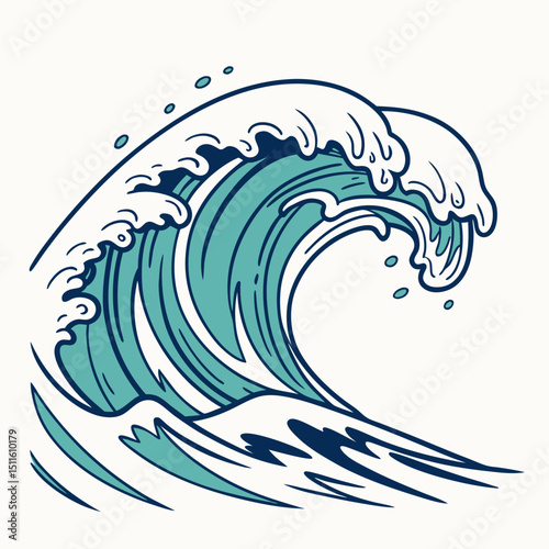 Stylized ocean wave illustration in marine colors with white foam and dynamic movement
