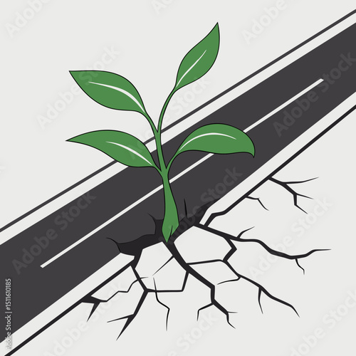 Green sprout breaking through asphalt, symbolizing hope and resilience in urban environment
